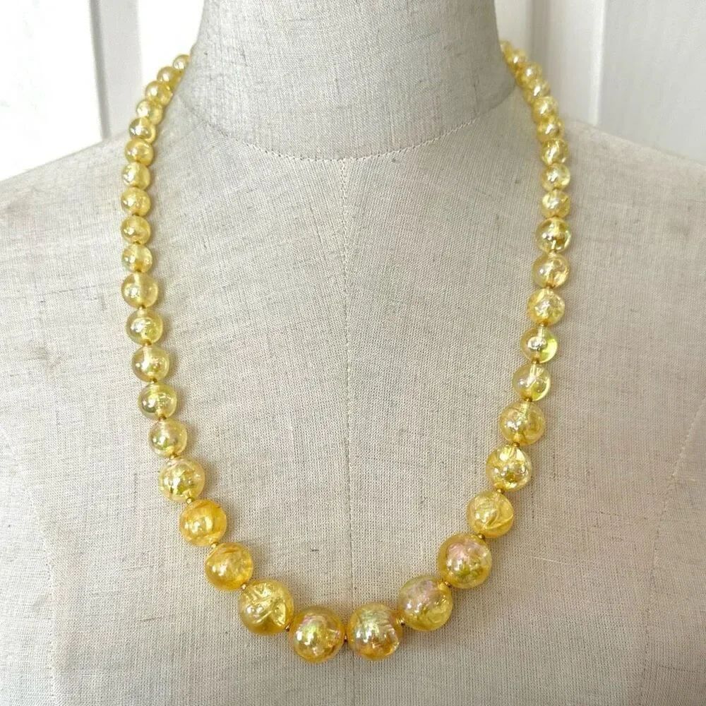 Yellow iridescent beaded long vintage necklace